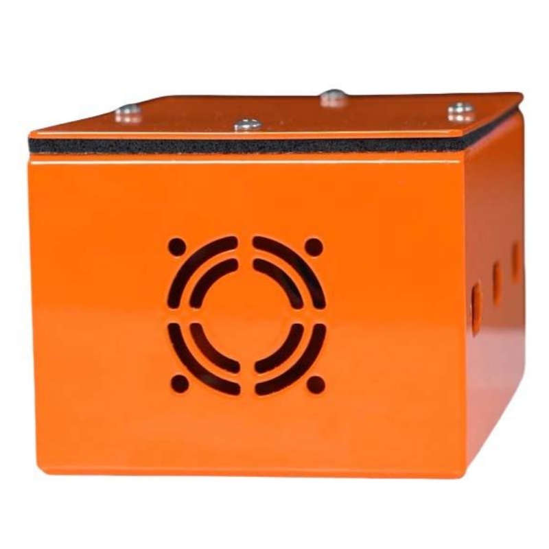 Custom orange 5-sided welded sheet metal industrial enclosure with gasket seal and fan cutout