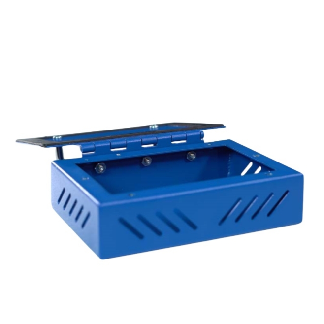 Custom industrial welded sheet metal enclosure featuring a heavy-duty continuous piano hinge.
